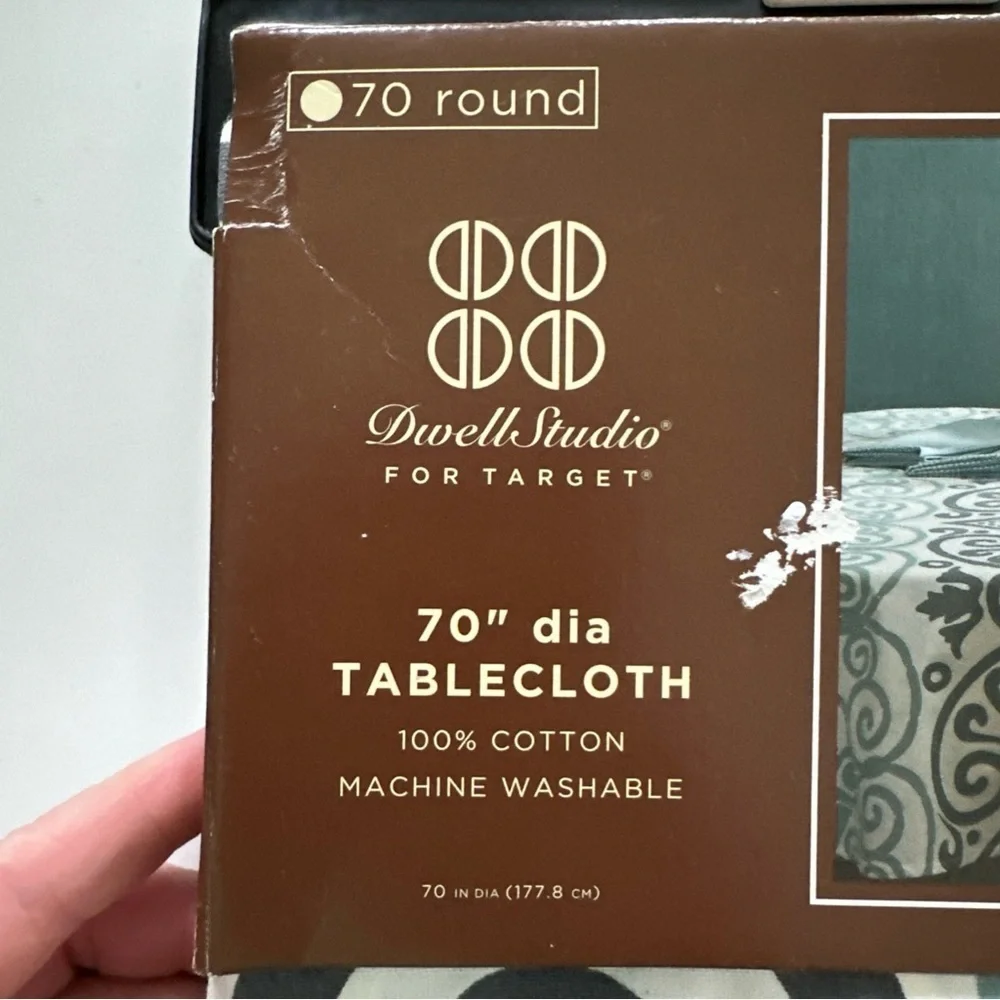 DWELL STUDIO 100% COTTON Round 70”TABLECLOTH Blue Green Gray Mediterranean *NEW*